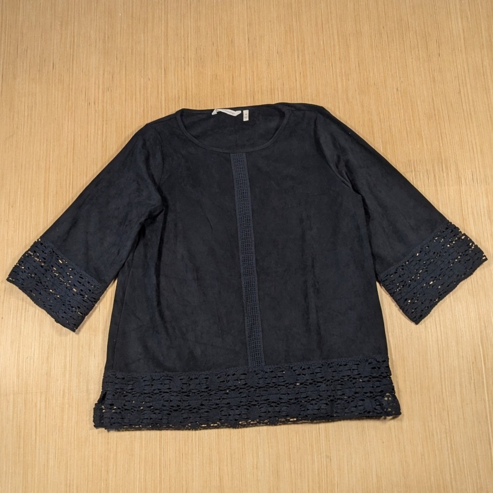 Soft Surroundings Crochet Trim Top Black Velvet Lagenlook Boho Women's Medium